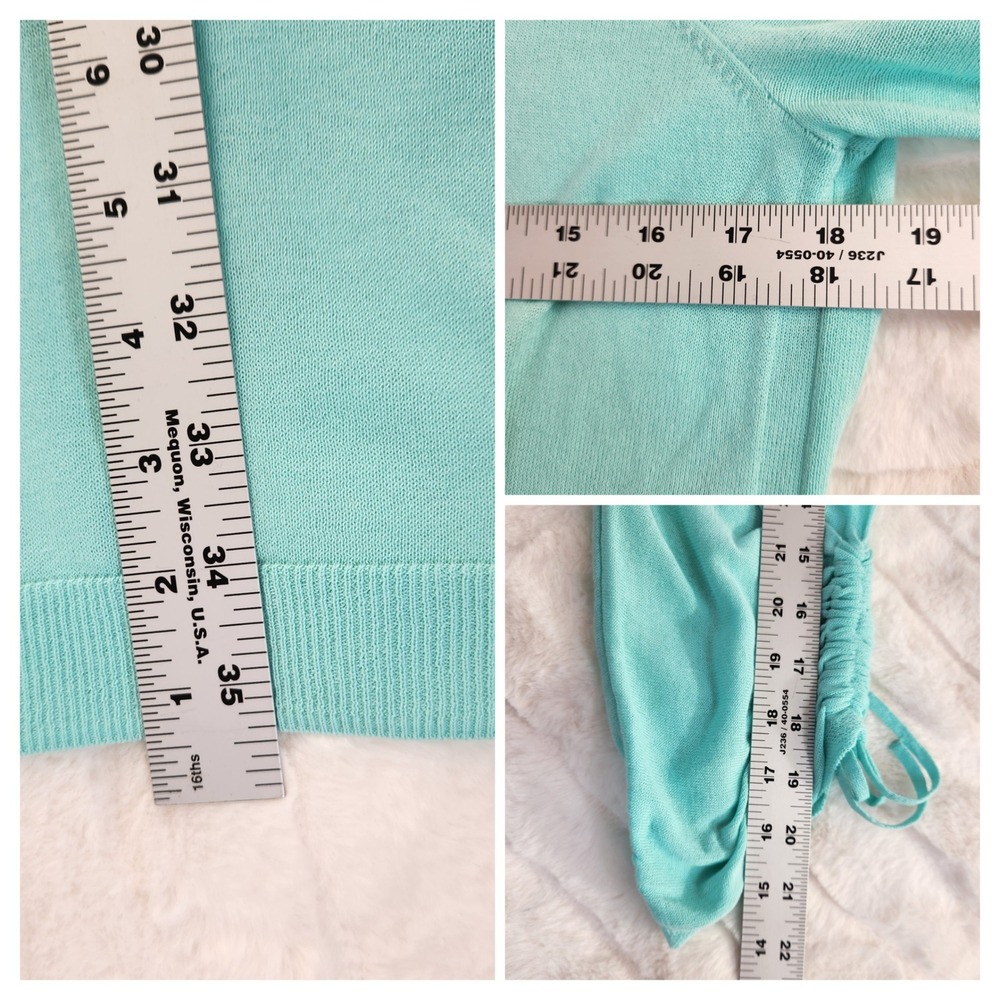 Chico's 2 Seafoam Green Open Front Longline Cardigan Sweater Ruched Sleeve Sz L - Picture 5 of 8